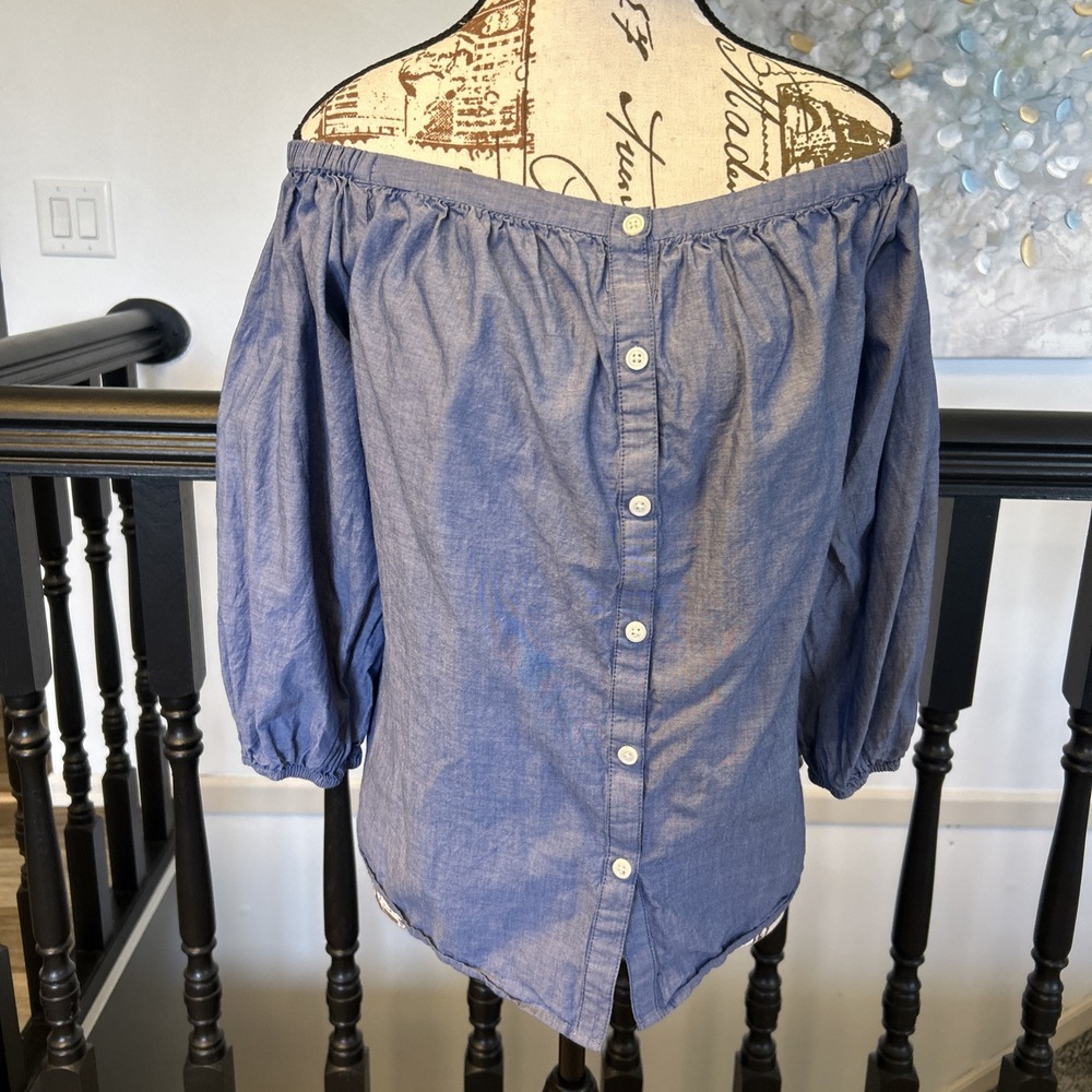 Womens Merona Blue Chambray‎ Off The Shoulder Shirt Top Blouse Med